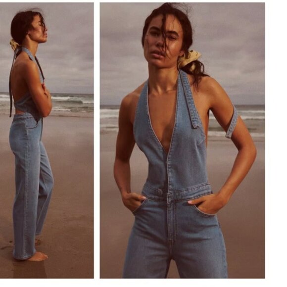 ZARA DENIM TRF HALTER-NECK JUMPSUIT BLUE SIZE S | 7227/080 - Picture 4 of 16